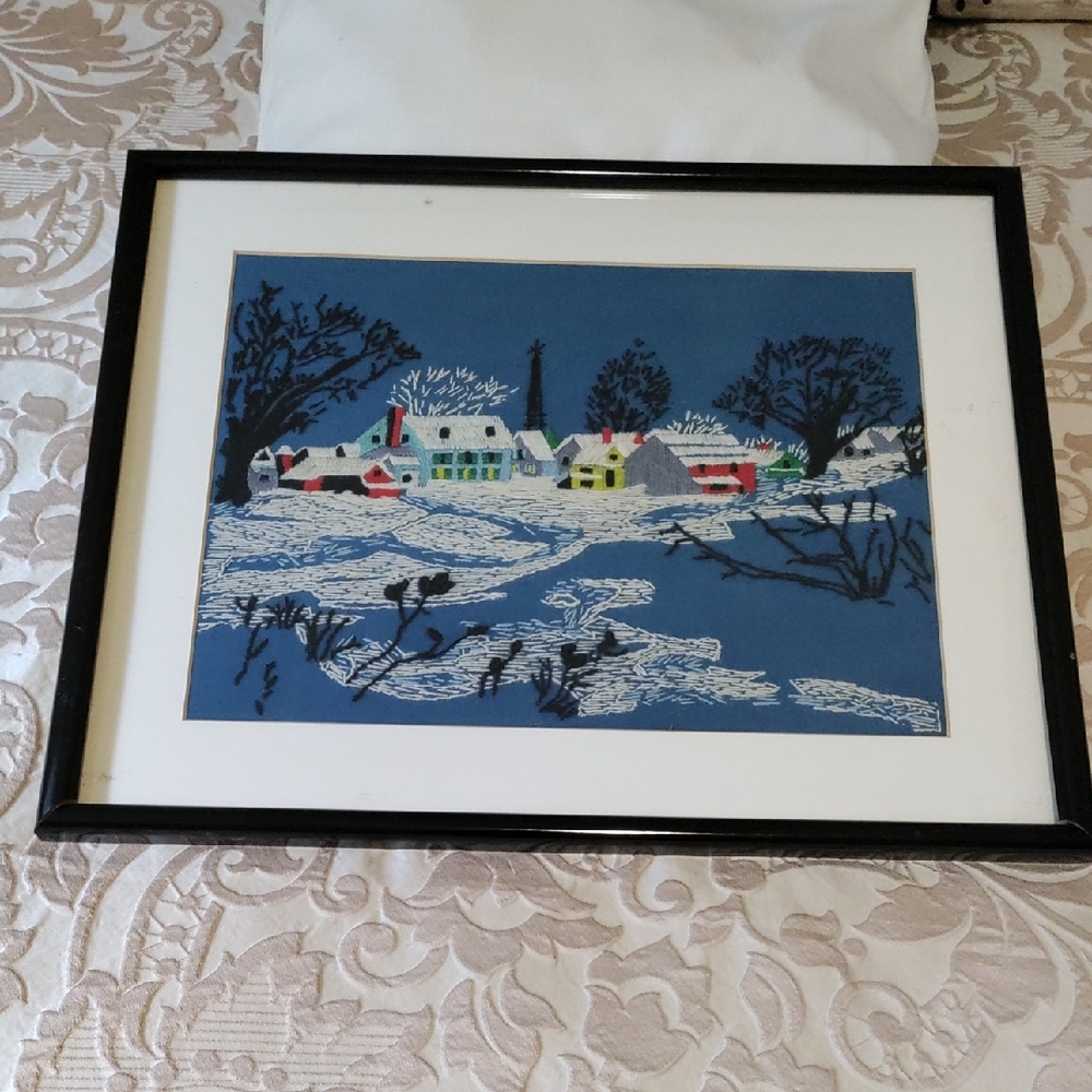 Framed Winter Village Embroidery Art